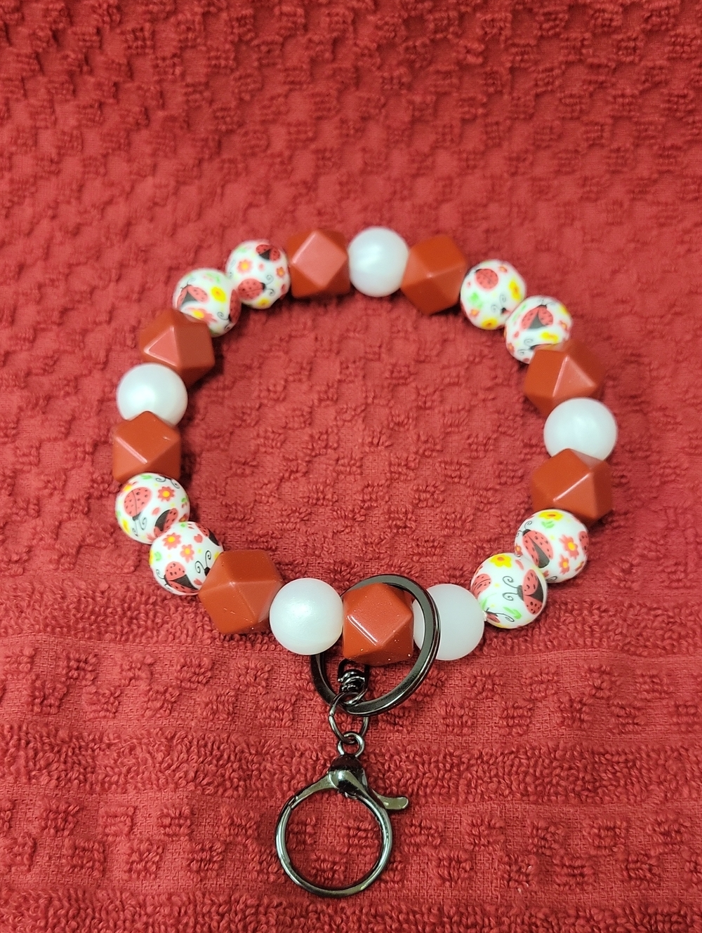 Stretch Beaded Bracelet Keychain - Red, White & Floral